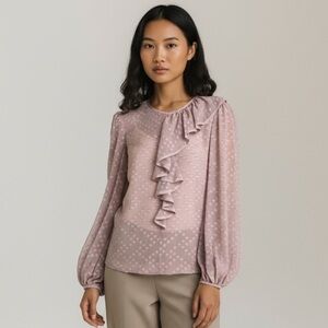 Trina Turk Mauve Swiss Dot Ruffle Sheer Blouse Size Small Silk Blend